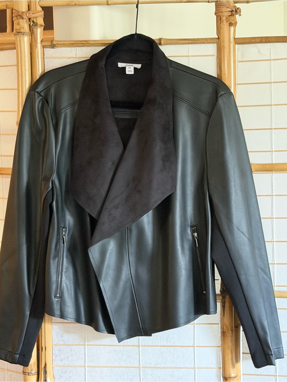 Draped Faux Leather Jacket with Suede Collar - Black